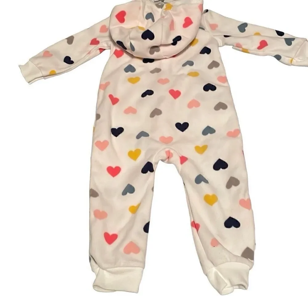 NWOT Carters White Heart Print Footless Long Sleeve Hooded Zip Up Footless Jumpe